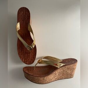 Tory Burch Gold Thora Leather Cork Wedge Sandal 8.5